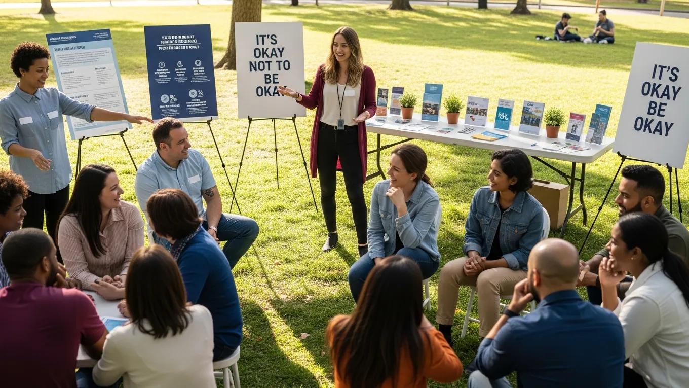 Community members engaging in a mental health awareness workshop, discussing wellness, with signs reading "IT'S OKAY NOT TO BE OKAY" and "IT'S OKAY TO BE OKAY," alongside informational materials promoting mental health resources.