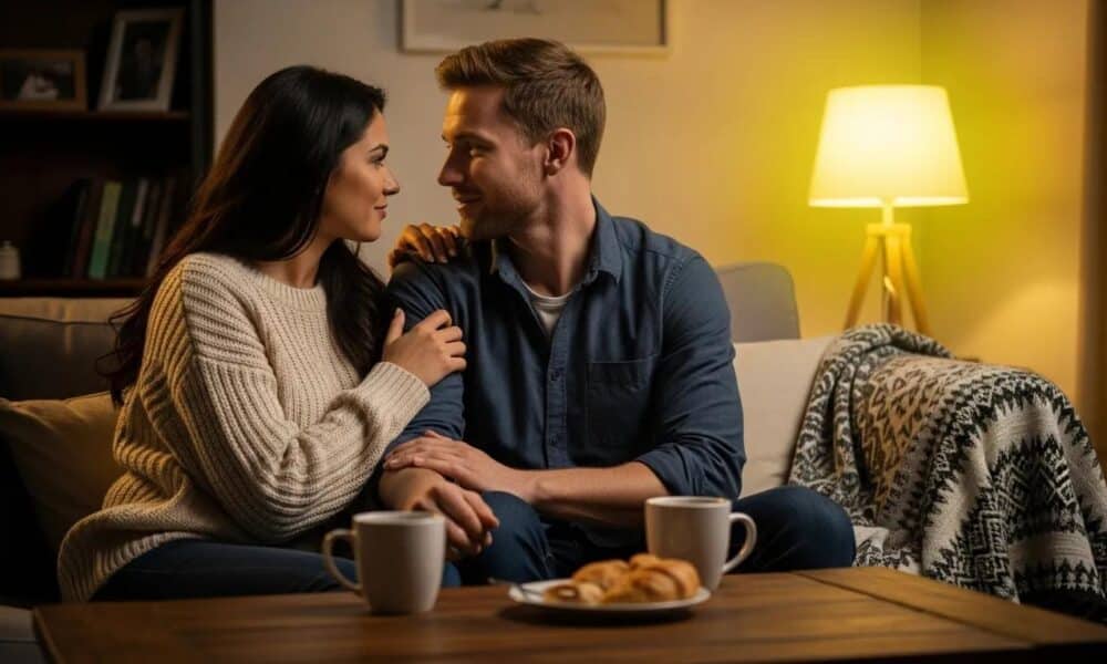 Couple engaged in deep conversation on a cozy couch, symbolizing effective communication in relationships