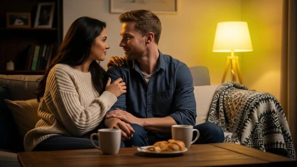 Couple engaged in deep conversation on a cozy couch, symbolizing effective communication in relationships, with coffee cups and pastries on the table, in a warm, inviting setting.