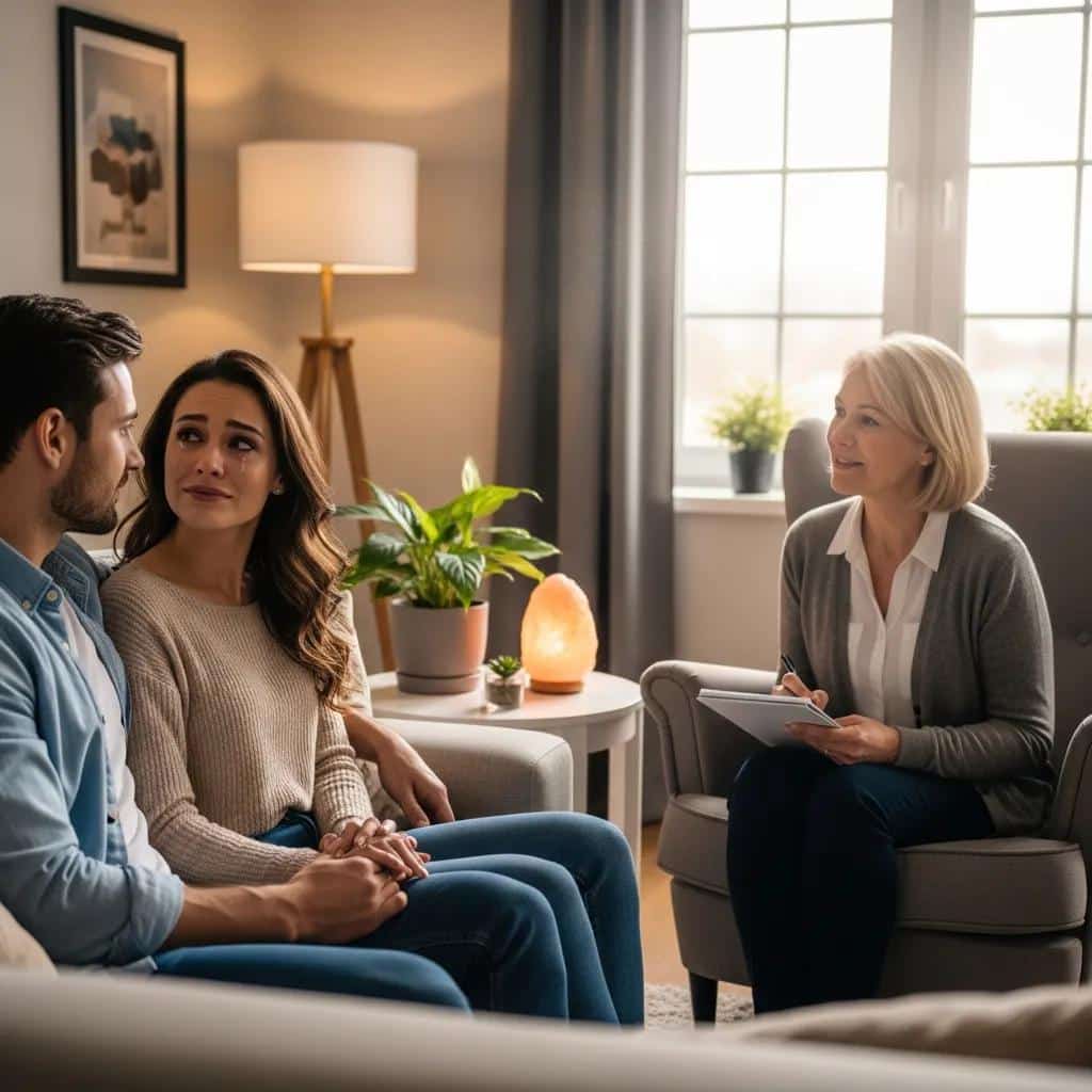 Couple engaged in emotionally focused therapy session with therapist, highlighting emotional connection and communication in a cozy setting.