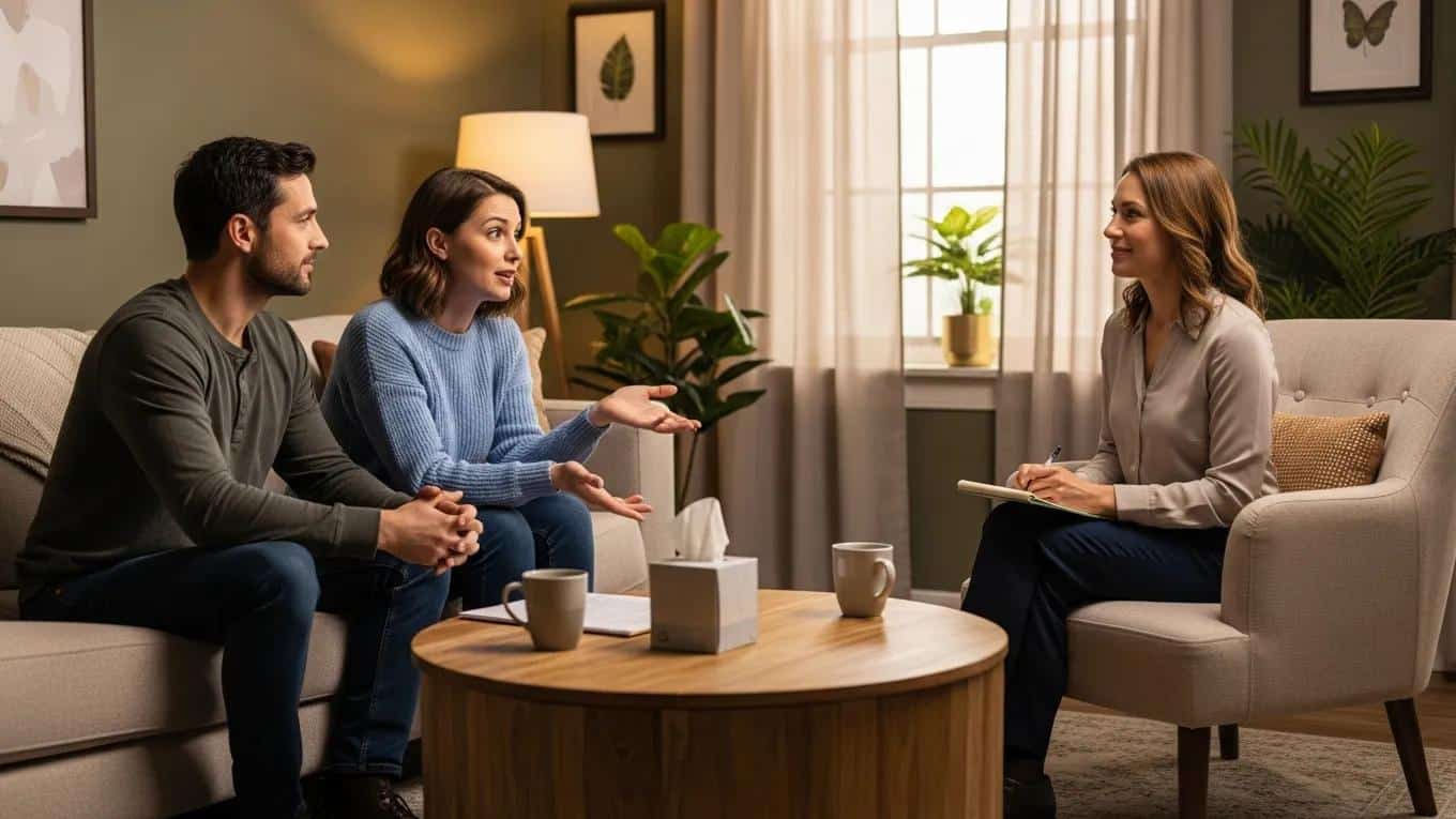 Couple in a therapy session discussing emotions, showcasing the benefits of couples therapy for mood disorders