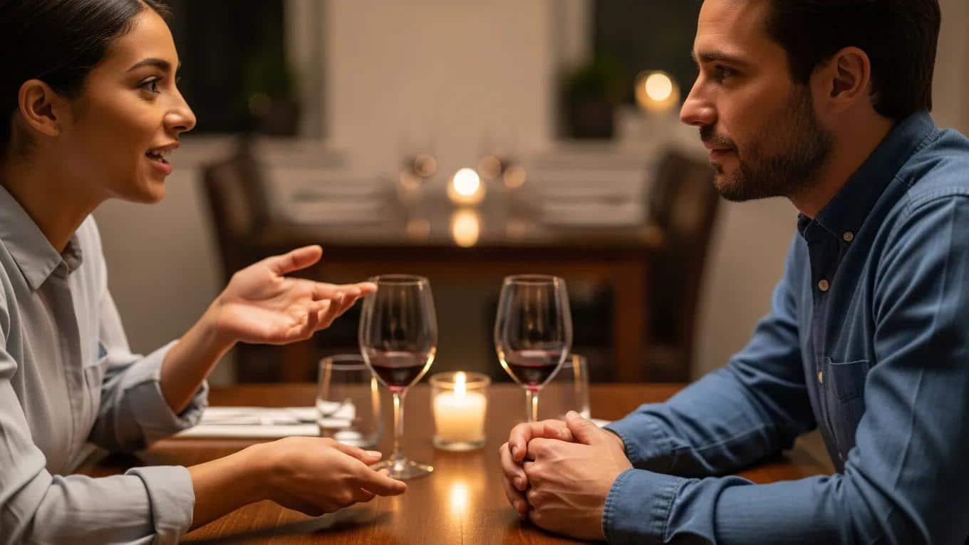 Couple practicing active listening at a dining table, highlighting engagement and understanding in communication