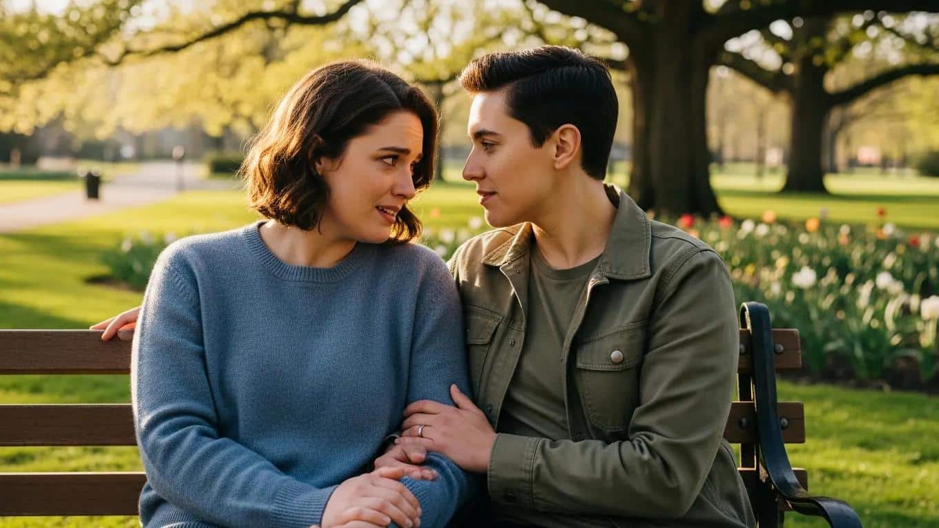 Couple sharing feelings on a park bench, illustrating emotional vulnerability and connection in relationships