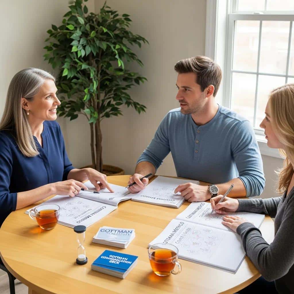 Couple engaged in Gottman Method therapy session with therapist, discussing conflict resolution and communication skills, surrounded by notes and tea.