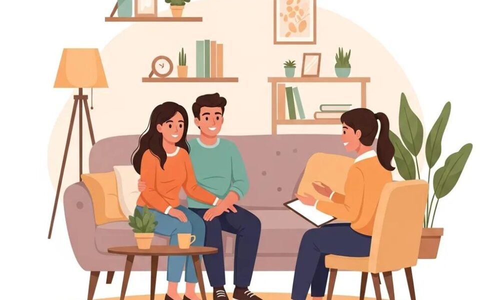 Couples therapy session in a cozy Bergen County office, showcasing emotional connection and support