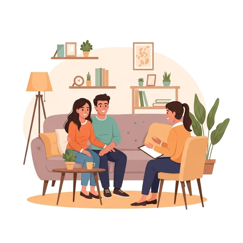 Couples therapy session in a cozy Bergen County office, showcasing emotional connection and support between partners and therapist.