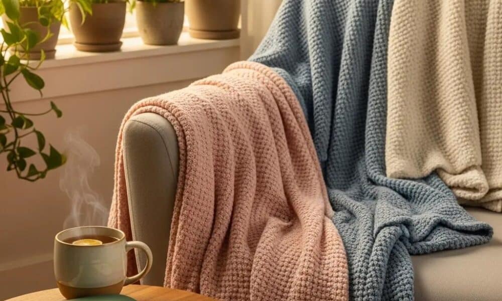 Cozy self-care setup with a chair, tea, and journal promoting mental wellness