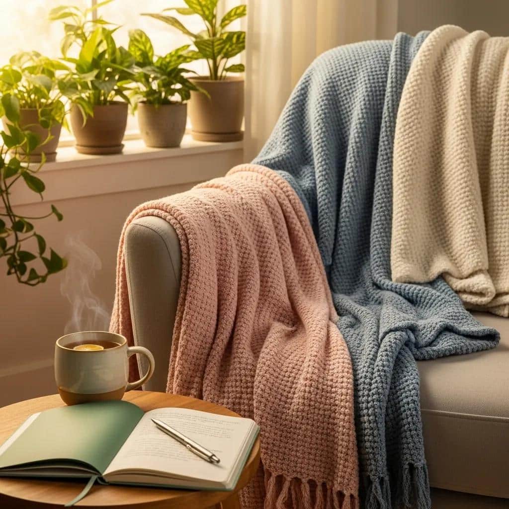 Cozy self-care setup featuring a chair draped with soft blankets, a steaming cup of tea, an open journal, and a pen, promoting mental wellness and emotional well-being.