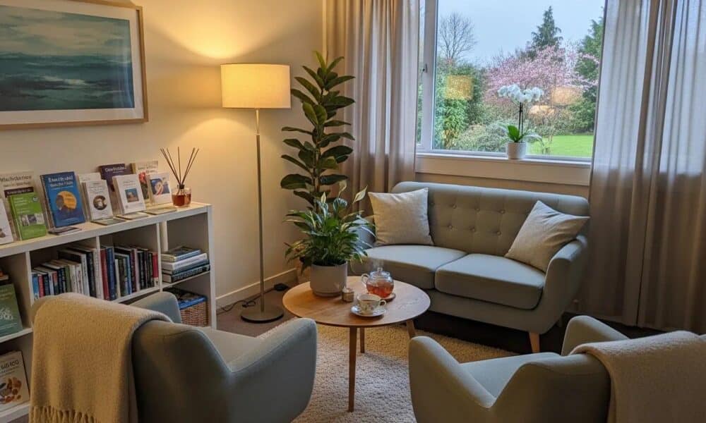 Cozy therapy room with comfortable seating, calming decor, and a view of greenery, promoting mental health support and wellness in Bergen County.