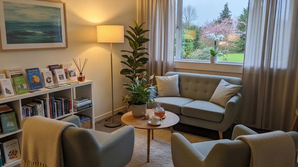 Cozy therapy room featuring comfortable seating, calming decor, bookshelves with mental health resources, and a view of greenery, promoting a supportive environment for psychotherapy and mental health awareness.