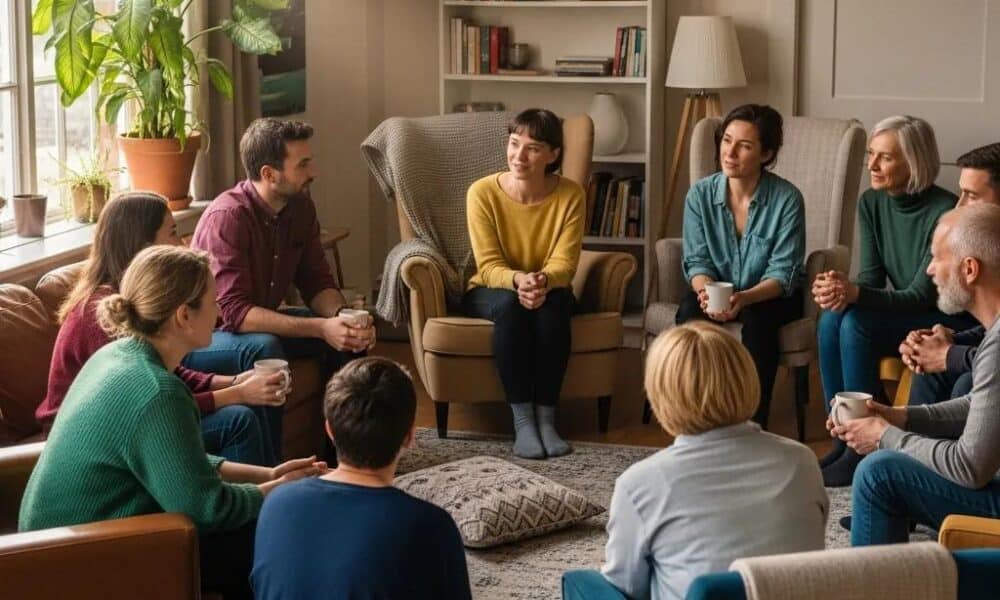 Diverse group discussing mental health in a supportive community setting