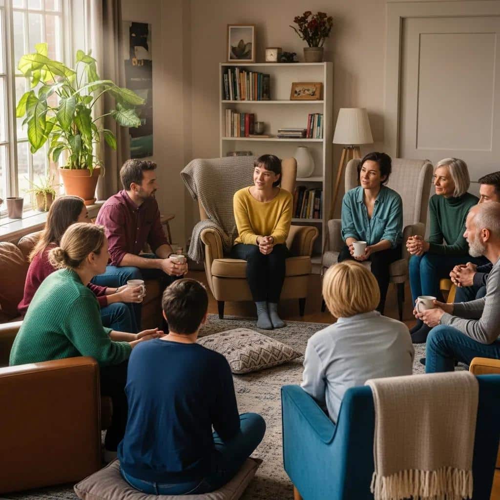Diverse group discussing mental health in a supportive community setting