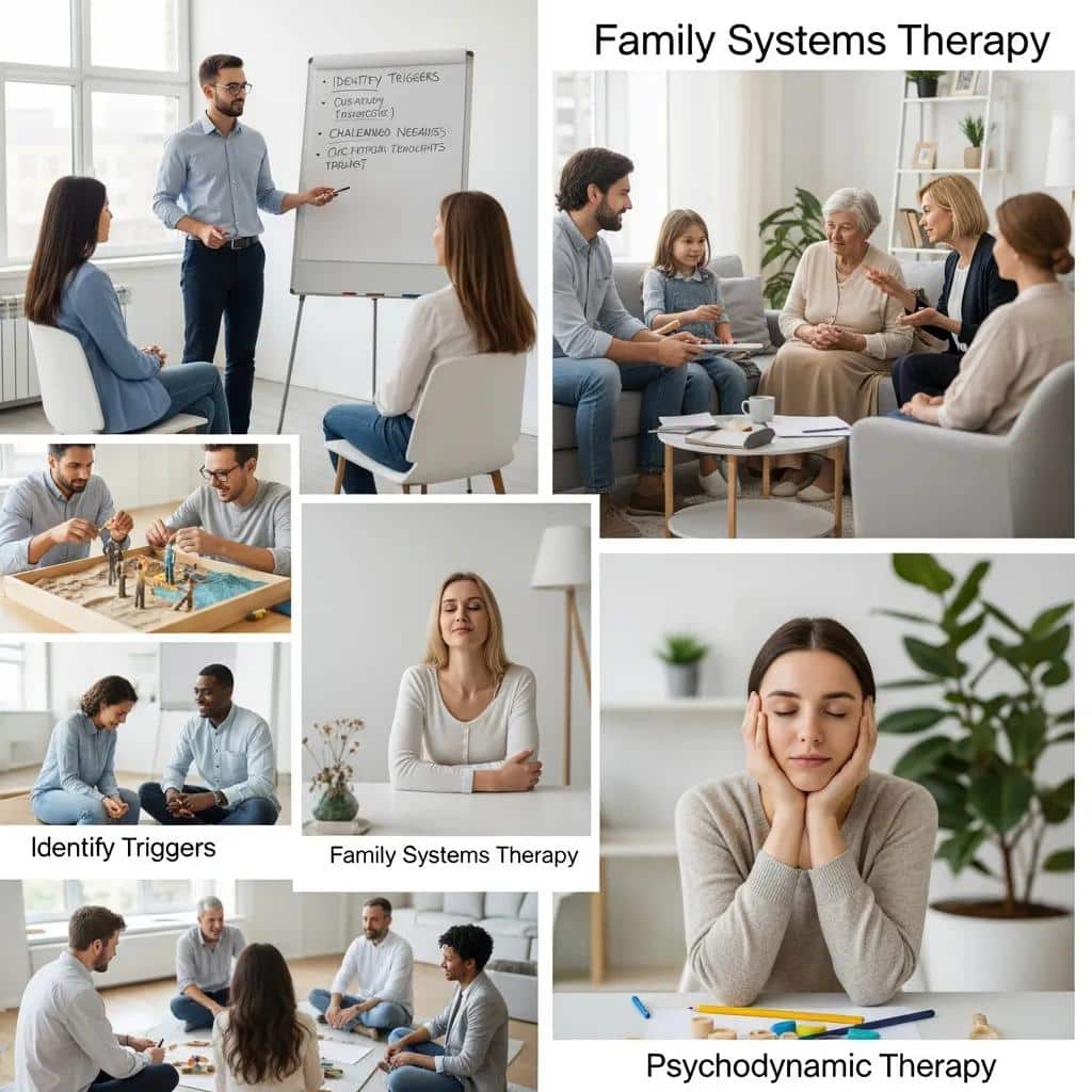 Diverse therapy sessions illustrating various therapeutic approaches