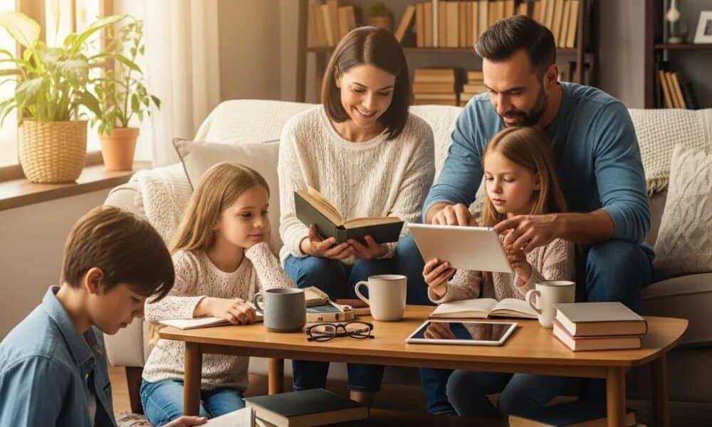 Family engaging in balanced digital lifestyle with devices and books