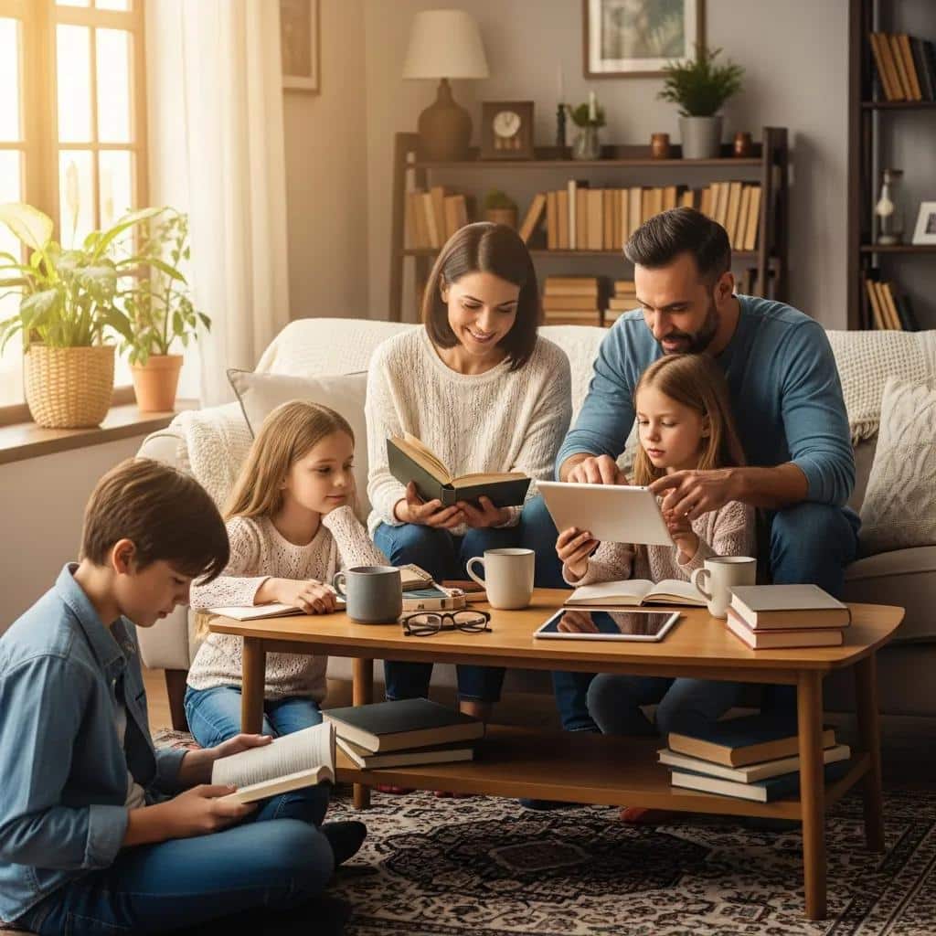 Family engaging in balanced digital lifestyle, reading books and using devices together in a cozy living room setting, promoting healthy screen habits for children.