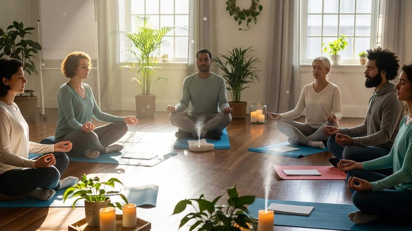 Group of individuals practicing mindfulness techniques in a workshop setting, supporting coping strategies for PTSD