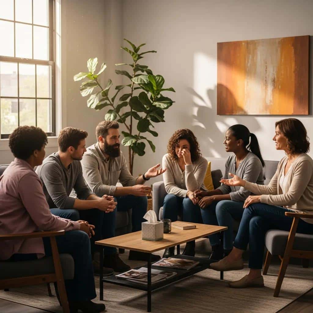 Group therapy session with individuals discussing mental health challenges