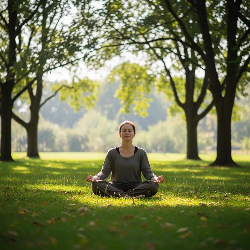 Person practicing mindful breathing outdoors — a simple stress-reduction technique