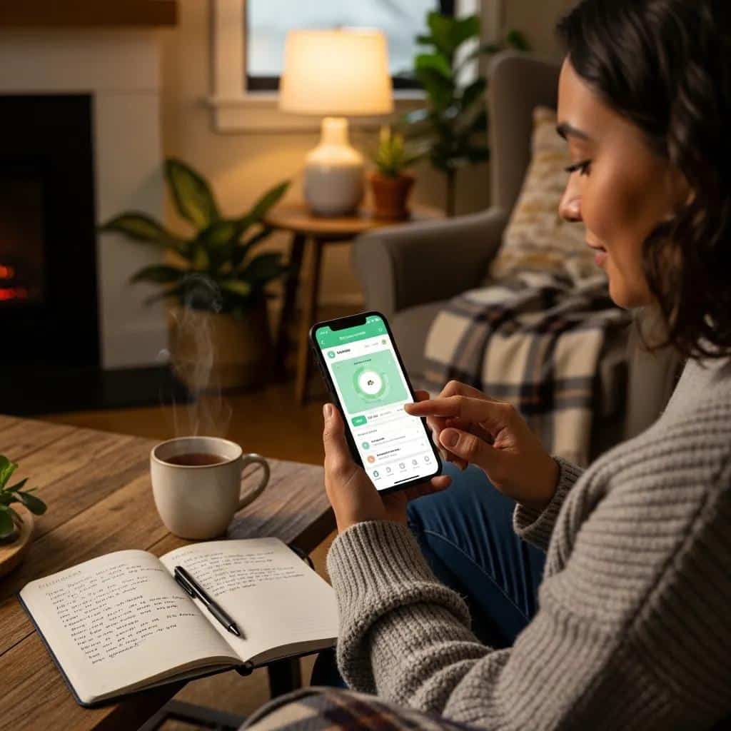 Individual using a mental health app in a cozy setting, illustrating the transformation of therapy through digital tools