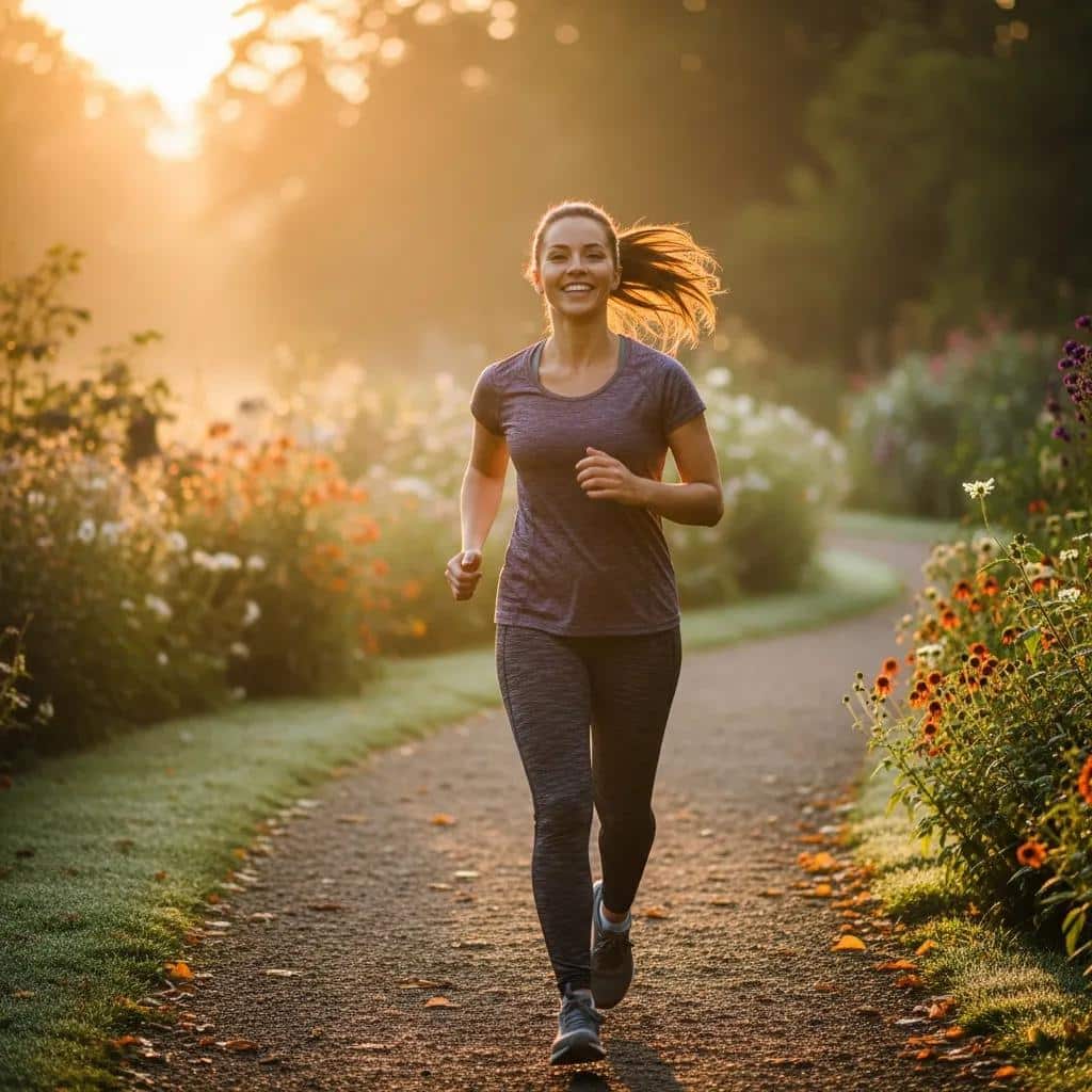 Person jogging at sunrise along a park path — an example of physical self-care