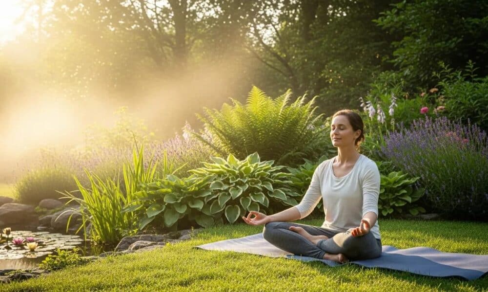 Person meditating in a tranquil outdoor setting, representing effective strategies for managing PTSD symptoms