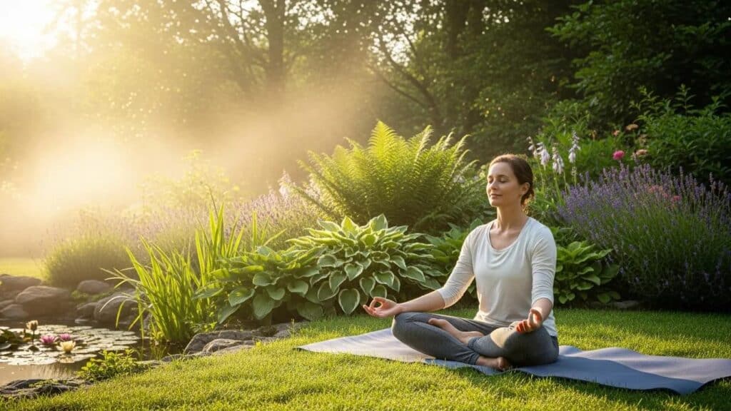 Person meditating in a tranquil outdoor setting surrounded by lush greenery and flowers, representing effective strategies for managing PTSD symptoms.