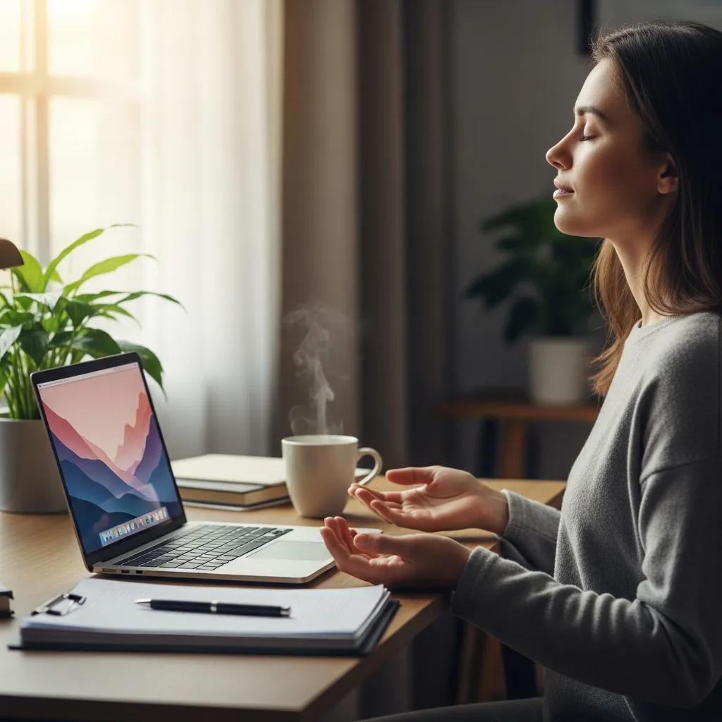 Person practicing mindful breathing at a desk in a calm workspace