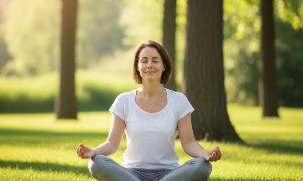 Person practicing mindfulness outdoors in a tranquil natural setting