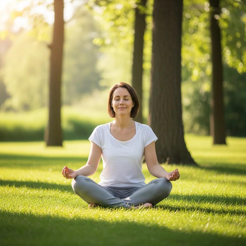 Person practicing mindfulness outdoors in a tranquil natural setting