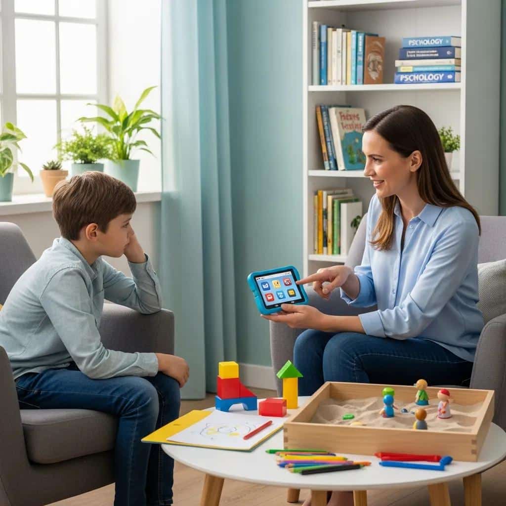 Therapist and child in a counseling session discussing digital habits