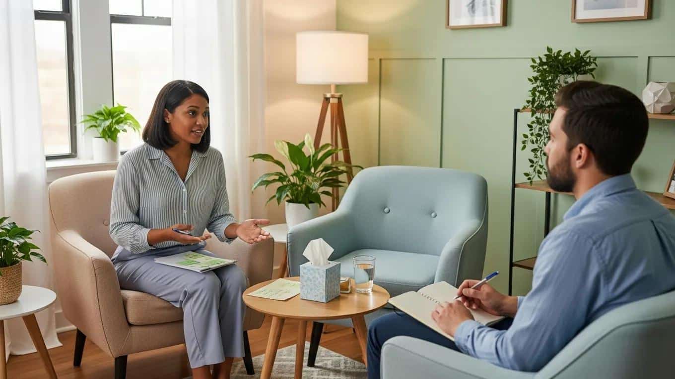 Therapist and client engaged in a cognitive processing therapy session, illustrating the therapeutic approach for PTSD