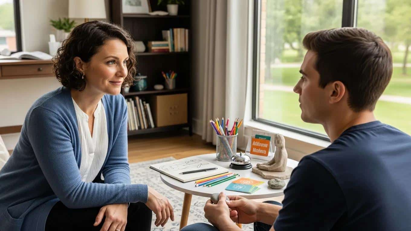 Therapist and client engaged in a supportive therapy session, emphasizing personalized care and mental health support in a comfortable setting.