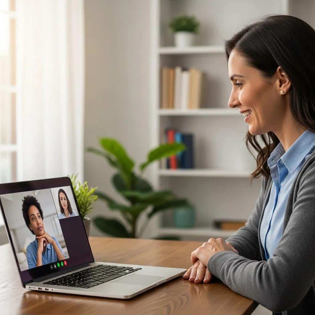 Therapist conducting a teletherapy session, highlighting the accessibility and effectiveness of remote mental health care