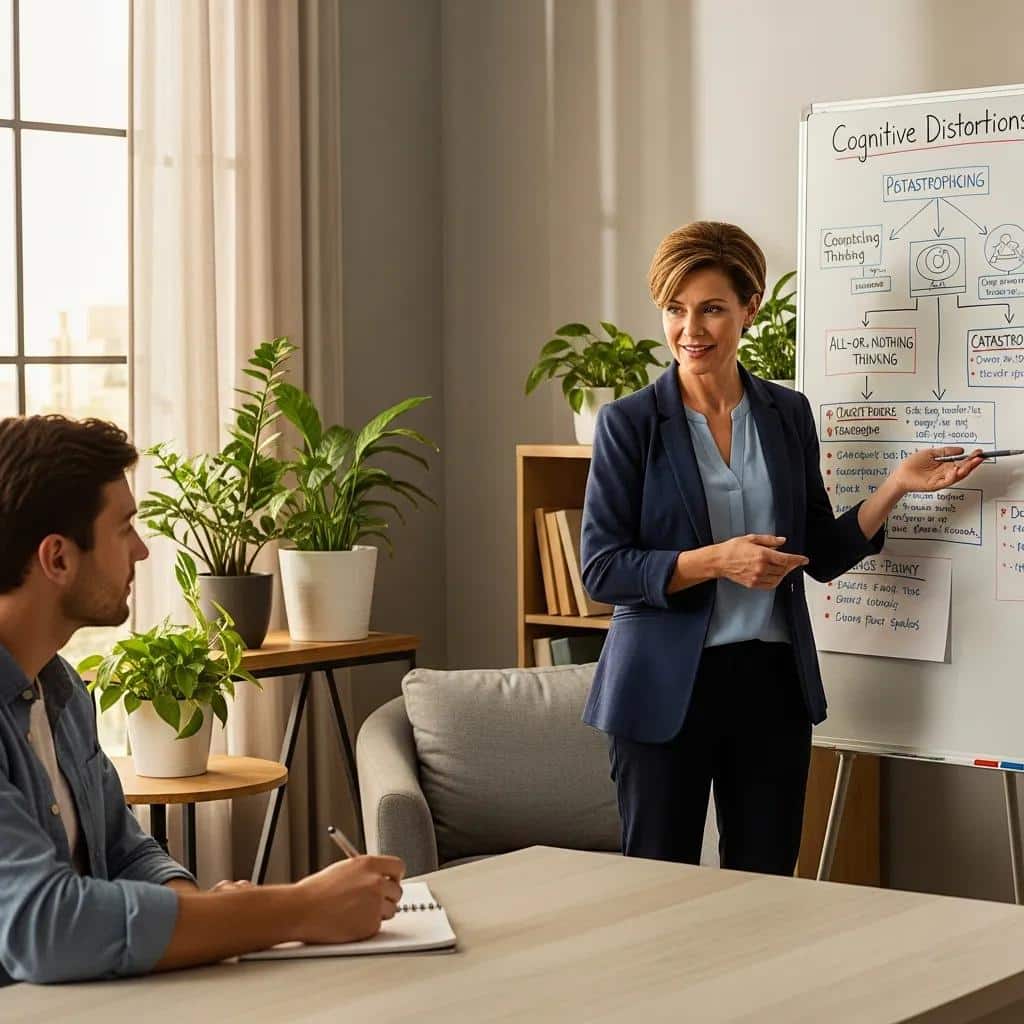 Therapist demonstrating cognitive restructuring techniques to a client during a Cognitive Behavioral Therapy session, with a whiteboard outlining cognitive distortions in a well-lit office setting.