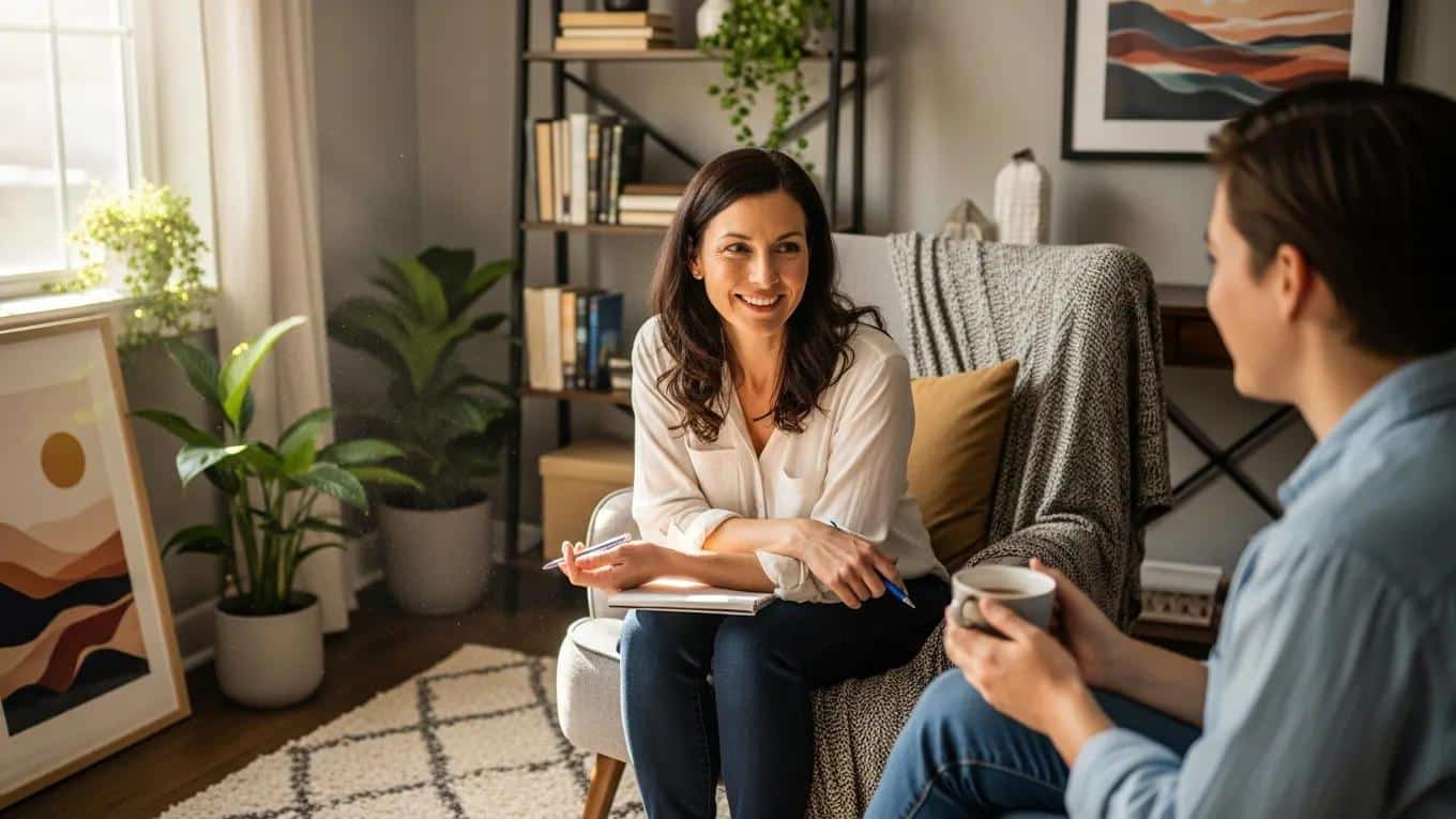 Therapist providing affirmative care to a client in a supportive and empathetic environment
