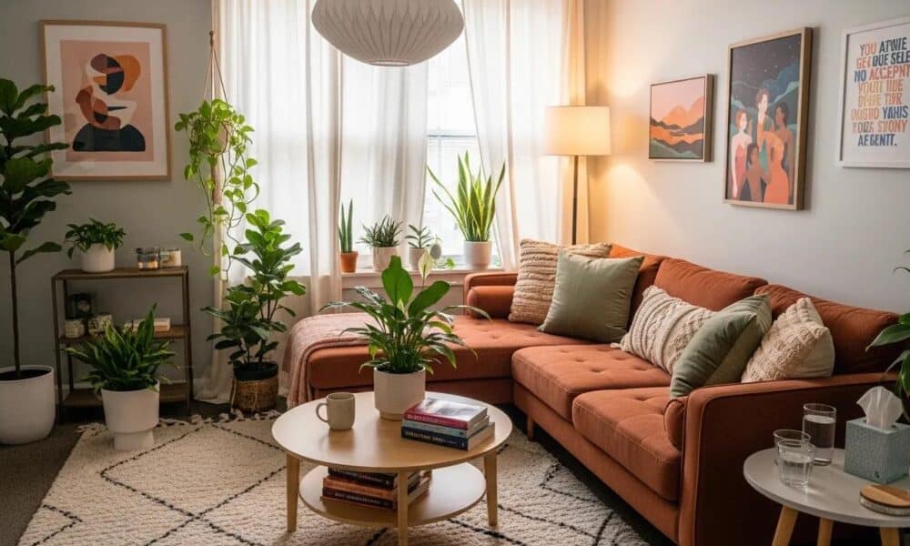Therapy room designed for gender identity support, featuring comfortable seating and inclusive decor