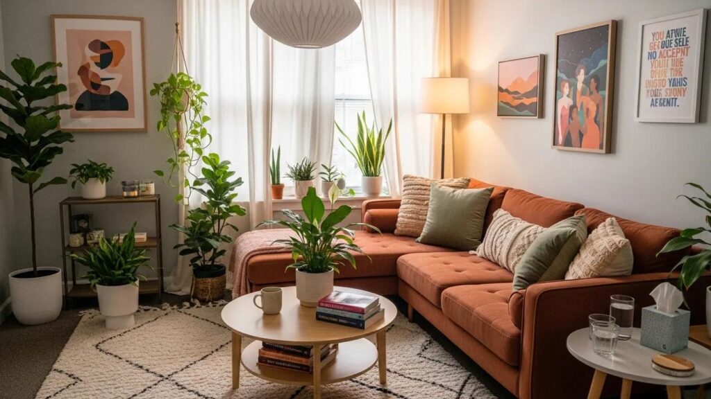 Therapy room designed for gender identity support, featuring comfortable orange seating, inclusive decor, plants, and warm lighting, creating a welcoming atmosphere for LGBTQ+ individuals.
