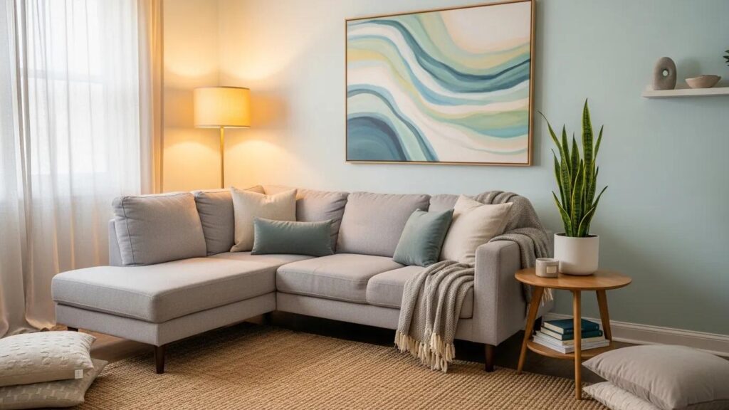 Therapy room featuring comfortable sectional sofa, calming decor, natural light, and a plant, representing effective therapy for couples and marriage counseling.