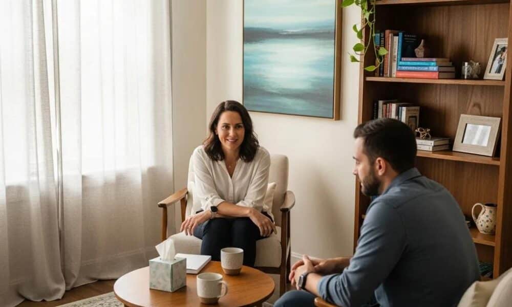 Therapist and client engaged in a cognitive behavioral therapy session, discussing mental health strategies in a cozy, well-lit office setting with bookshelves and a serene painting.