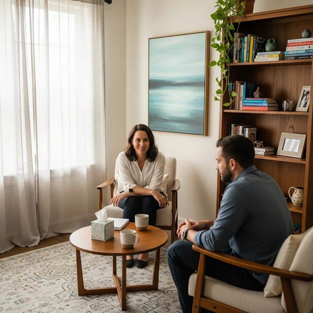 Therapist and client engaged in a cognitive behavioral therapy session, discussing mental health strategies in a cozy, well-lit office setting with a coffee table and bookshelves.