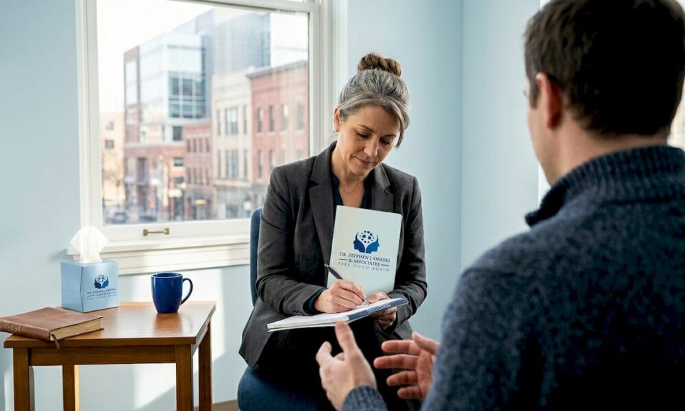Therapist meeting client in sunny office setting
