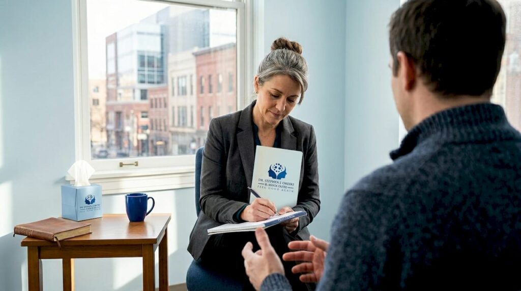 Therapist meeting client in sunny office setting