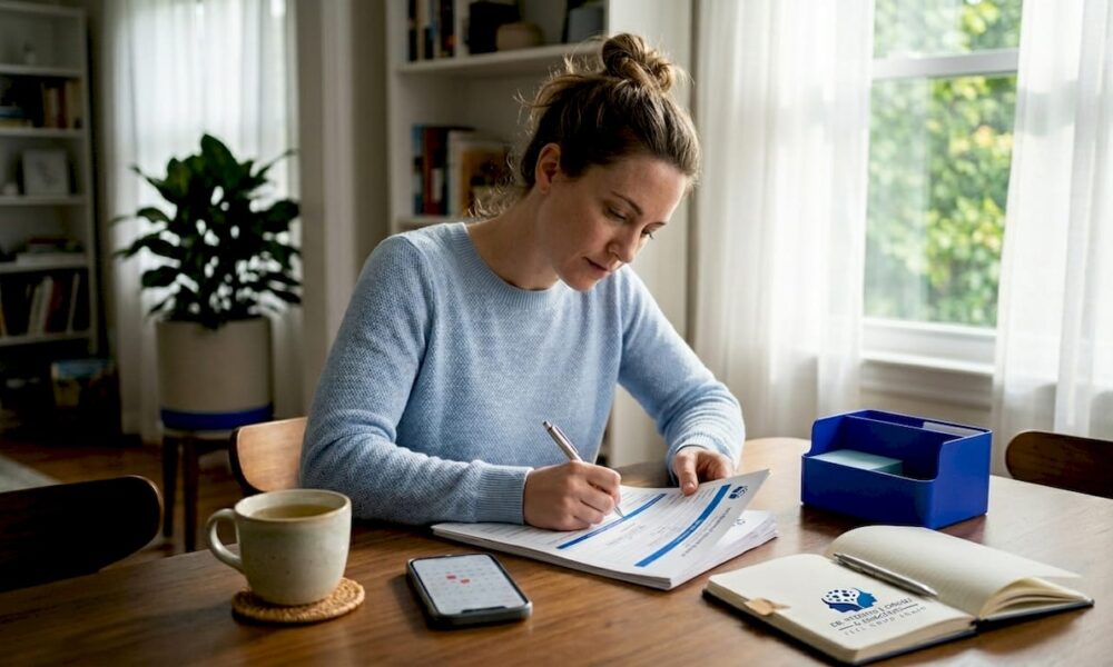 Woman filling out therapy intake paperwork at home