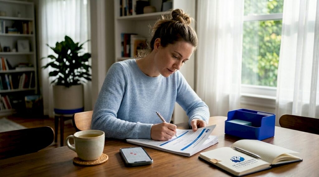 Woman filling out therapy intake paperwork at home