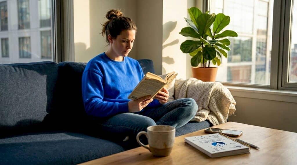 Woman reading quietly in sunlit living room