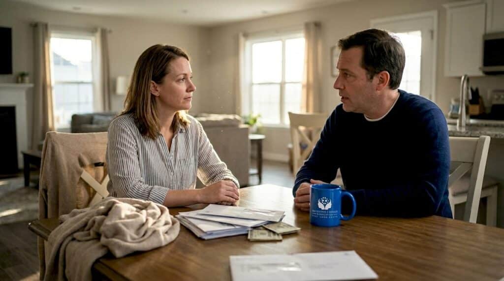 Woman listening during tense home conversation
