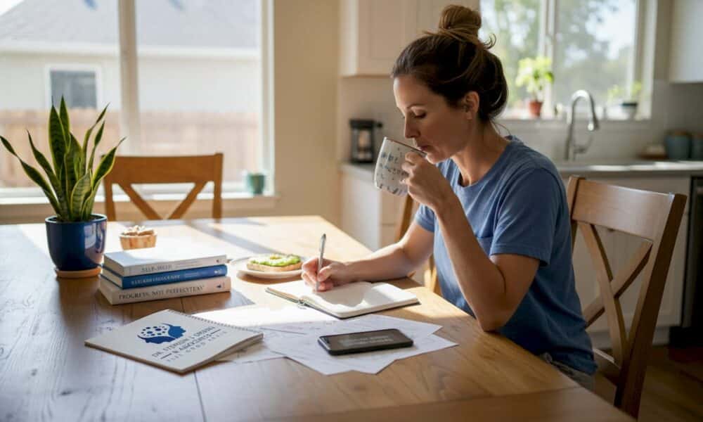 Woman journaling for personal resilience in kitchen