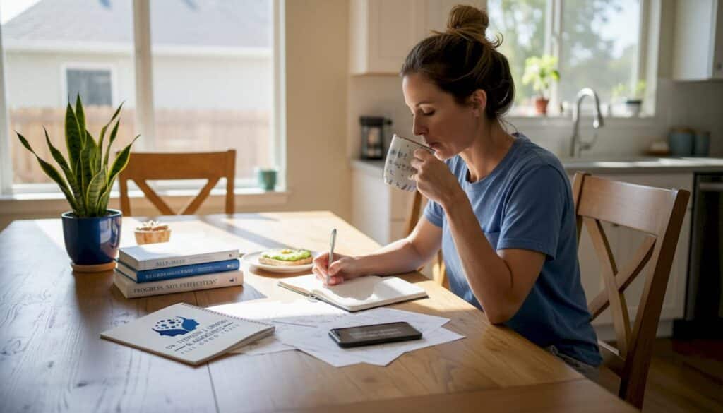Woman journaling for personal resilience in kitchen
