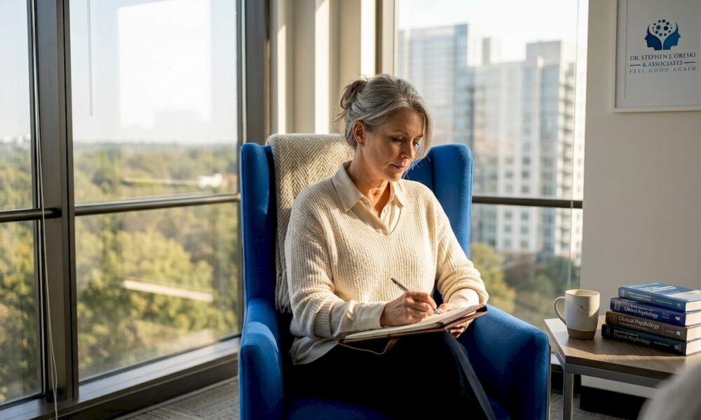 Therapist listening and taking notes in office