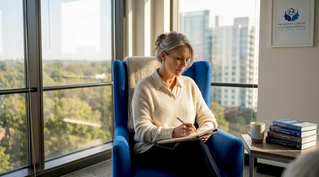Therapist listening and taking notes in office